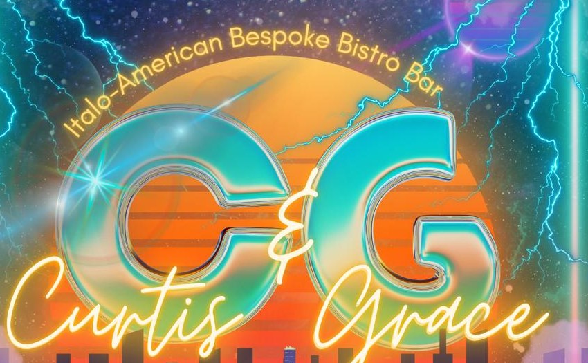 Curtis & Grace C&G neon logo over a retro sunset