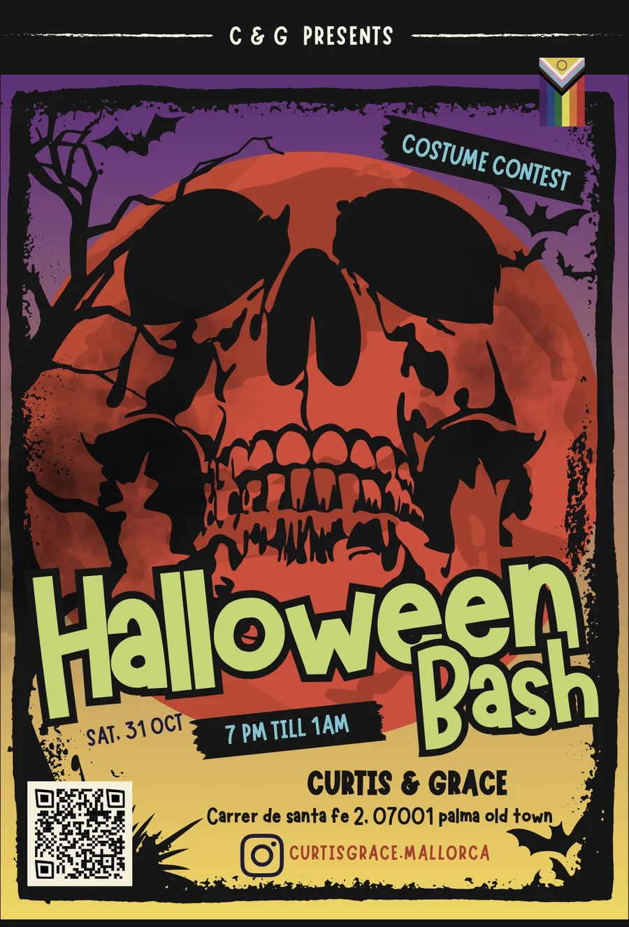 Halloween Bash poster: costume contest, Saturday 31 October, 7 PM till 1 AM at Curtis & Grace, Carrer de Santa Fe 2, Palma old town